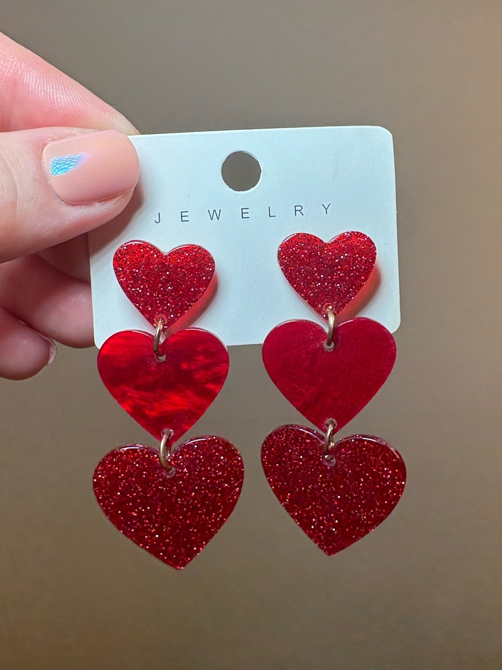 NWOT Red Triple Heart Dangle Earrings Glitter Acrylic Valentine’s Day